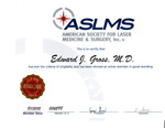 American Society for Laser Medicine and Surgery certificate for Dr. Gross