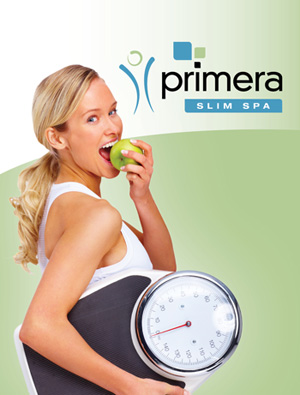 primera flyer - slim spa - women holding scale eating apple