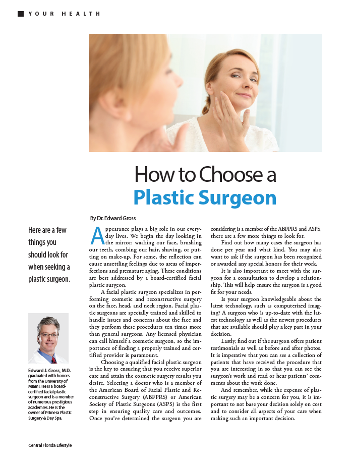 How to choose a plastic surgeon article in Central Florida Lifestyle magazine featuring Dr. Gross