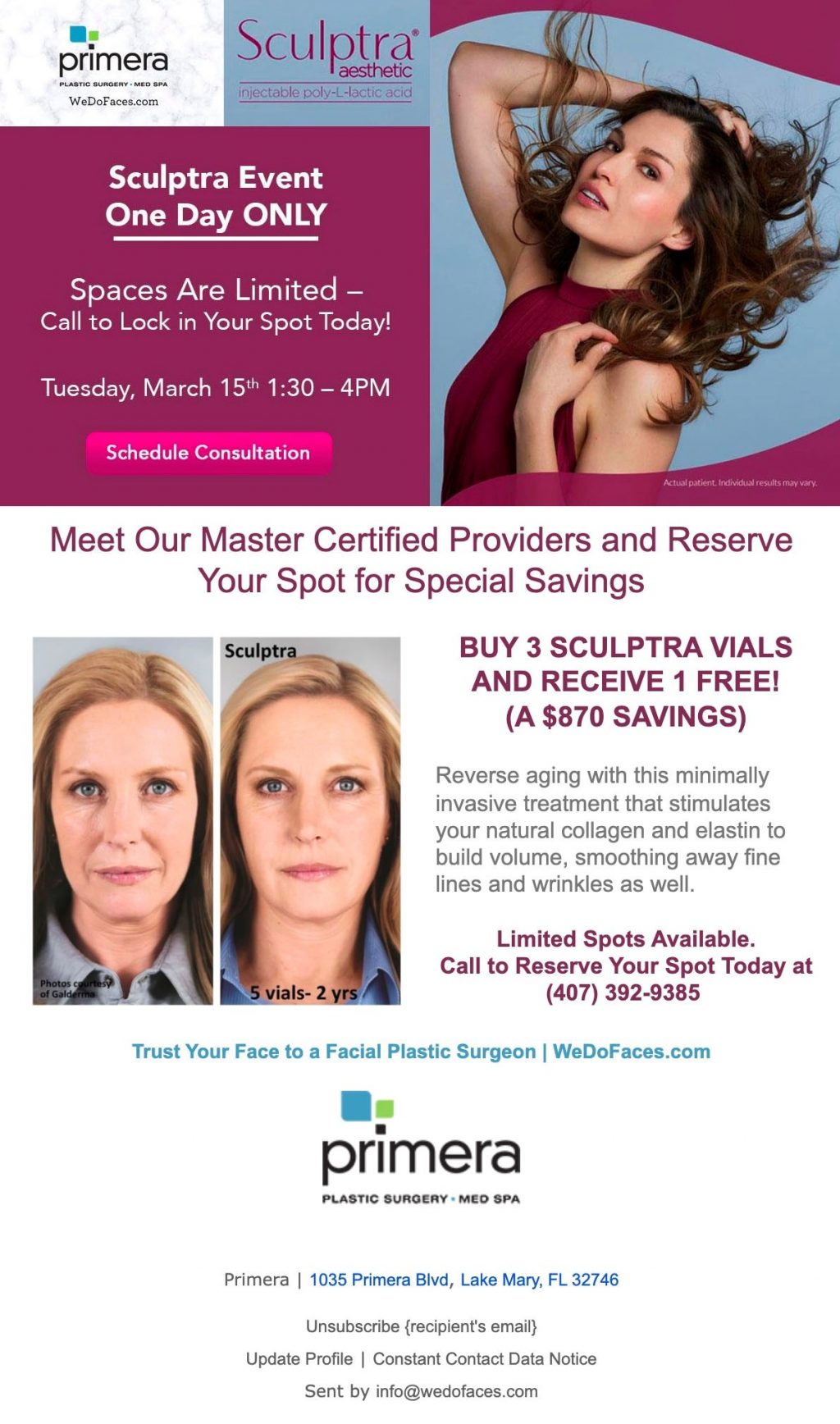 Flyer showing a woman promoting a Sculptra sales event on March 15, 2002