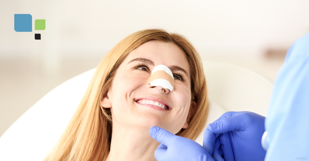 Young woman, post-rhinoplasty, smiling while seated in a doctor's chair (models).