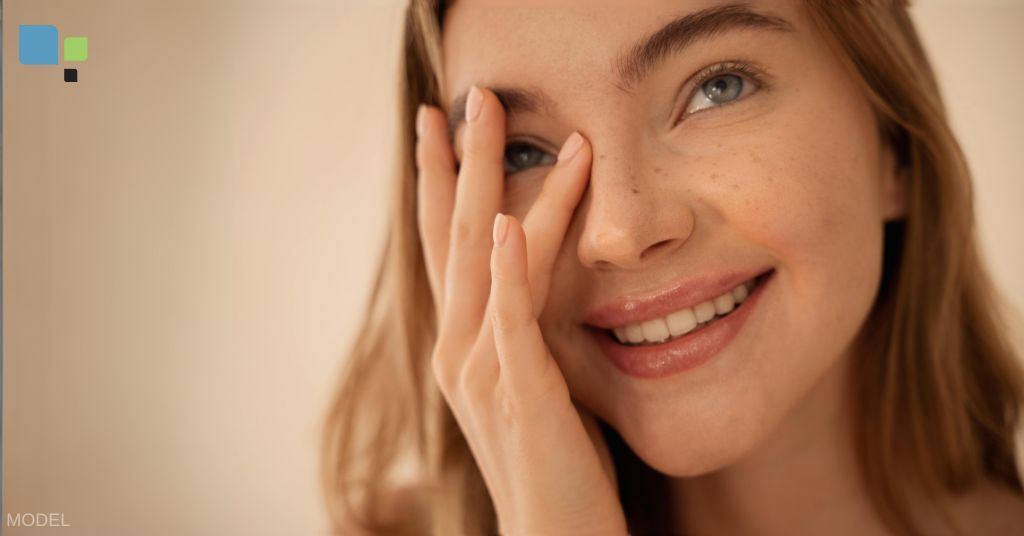 A beautiful woman smiles while looking up and touching her nose. (Model)