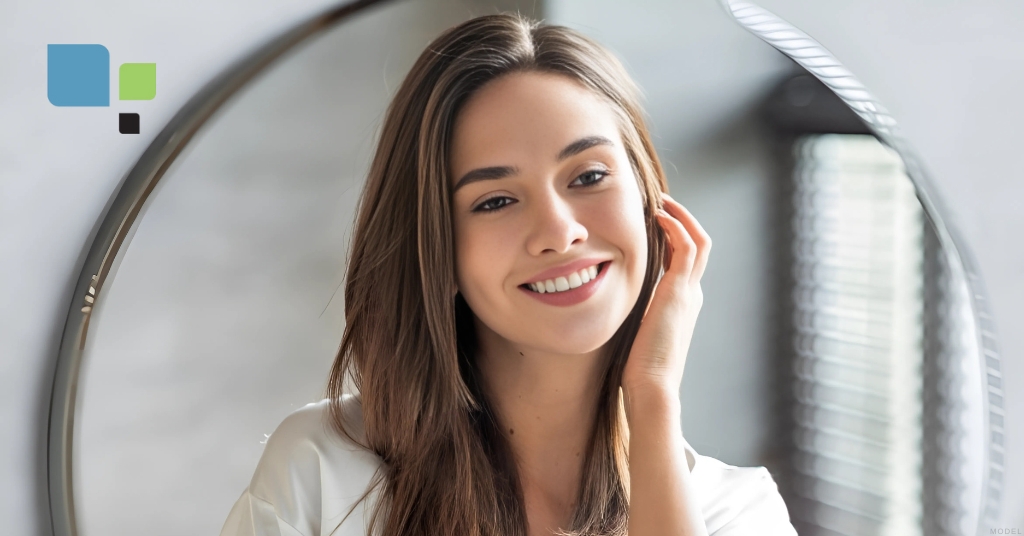 Young woman smiling in front of a mirror (model) Primera Plastic Surgery Logo
